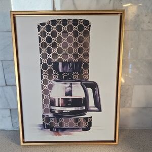 Logo Patterned Coffee Maker Art, Gold Color Frame, Designer, GUC, Accent Piece